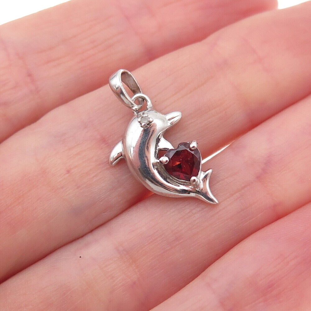 925 Sterling Silver Real Diamond & Red Garnet Dolphin Heart Charm Pendant
